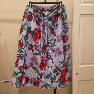 Blue and white stripe cotton skirt w/ flowers